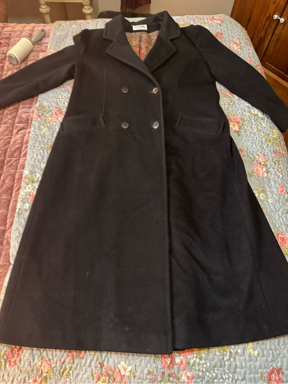 J.G. Hook Black 100% Wool Long Double Breasted Coat Paisley Lining USA Made